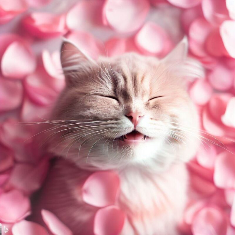 ハートの花びらに囲まれ、幸せそうに微笑むピンクのネコ。プロ写真。