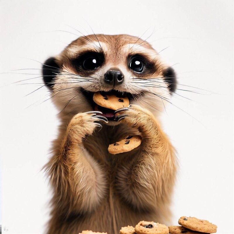 クッキーを食べて微笑むミーアキャットをプロ写真風に撮影したものです。背景 純白