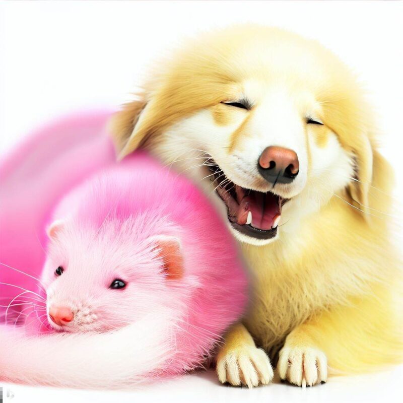 幸せそうに微笑んで寄り添っている、ピンクとシルバーのフェレットと黄色とオレンジのゴールデンレトリーバー。プロ写真。最高品質。背景純白。