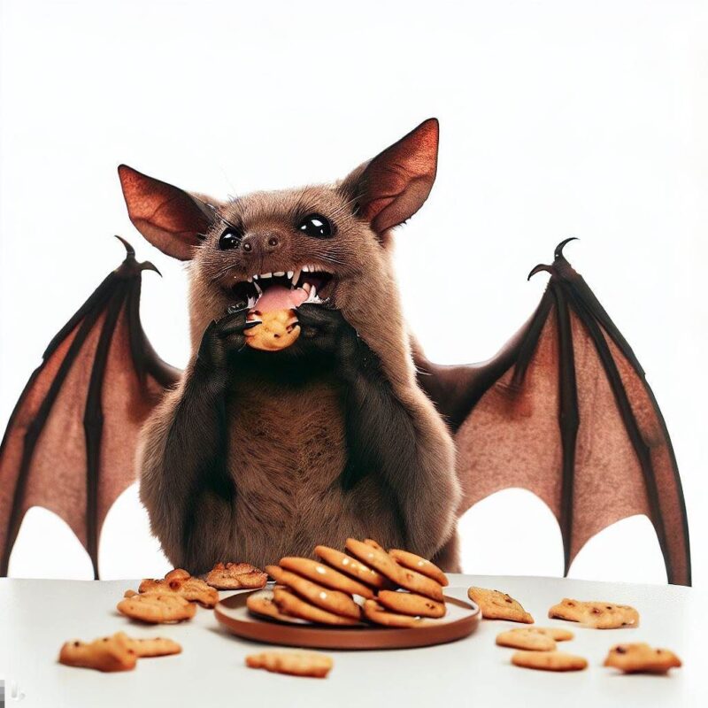 クッキーを食べて微笑むコウモリをプロ写真風に撮影したものです。背景 純白