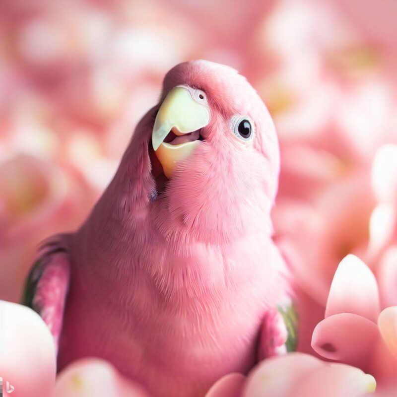 ハートの花びらに囲まれ、幸せそうに微笑むピンクのインコ。プロ写真。