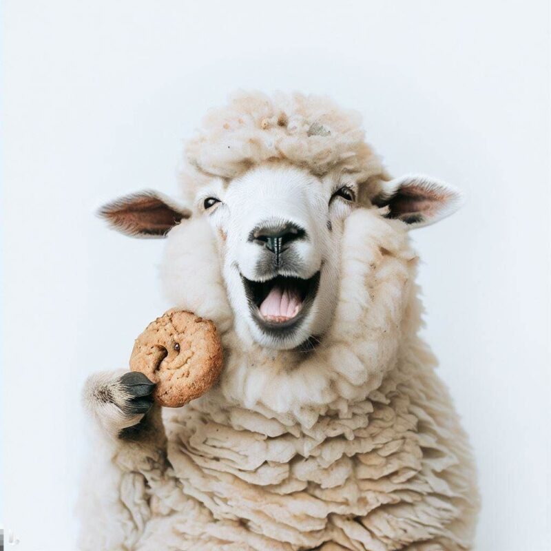 クッキーを食べて微笑む羊をプロ写真風に撮影したものです。背景 純白