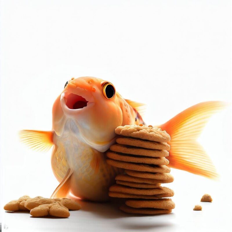クッキーを食べて微笑む金魚をプロ写真風に撮影したものです。背景 純白