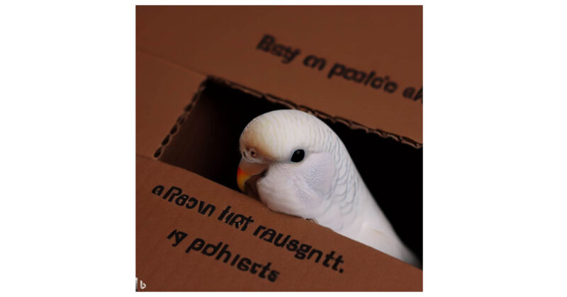  A white budgie peeking out of a brown box