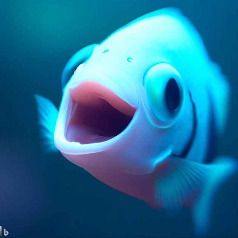 幸せそうに笑って口を開け目を閉じる水色の魚。プロ写真。