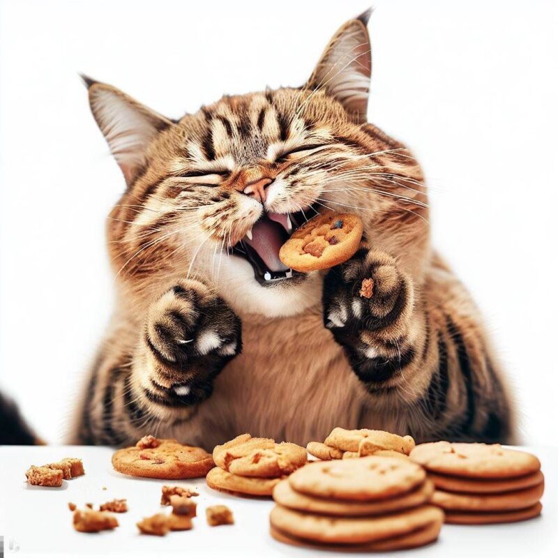 クッキーを食べて微笑む猫をプロ写真風に撮影したものです。背景 純白