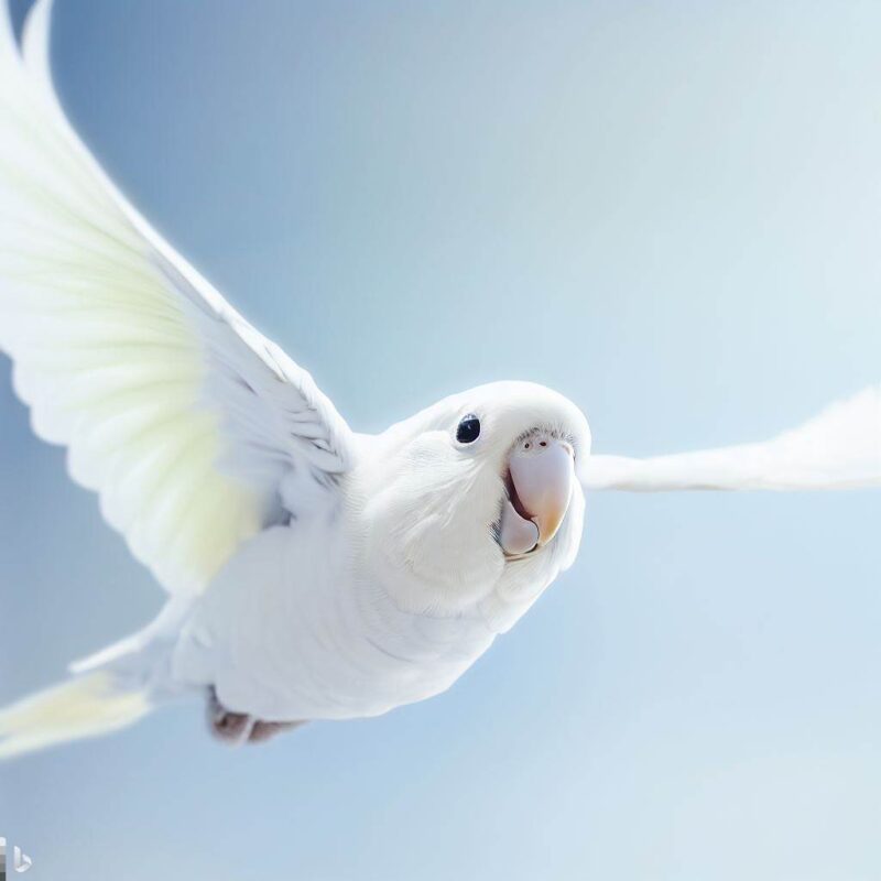幸せそうに微笑んでいる白いインコ。空を飛んでいる。プロ写真。