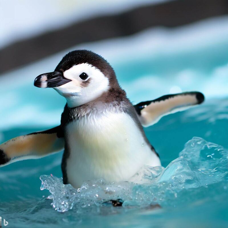 かわいいペンギン。１羽。プールで遊んでいる。