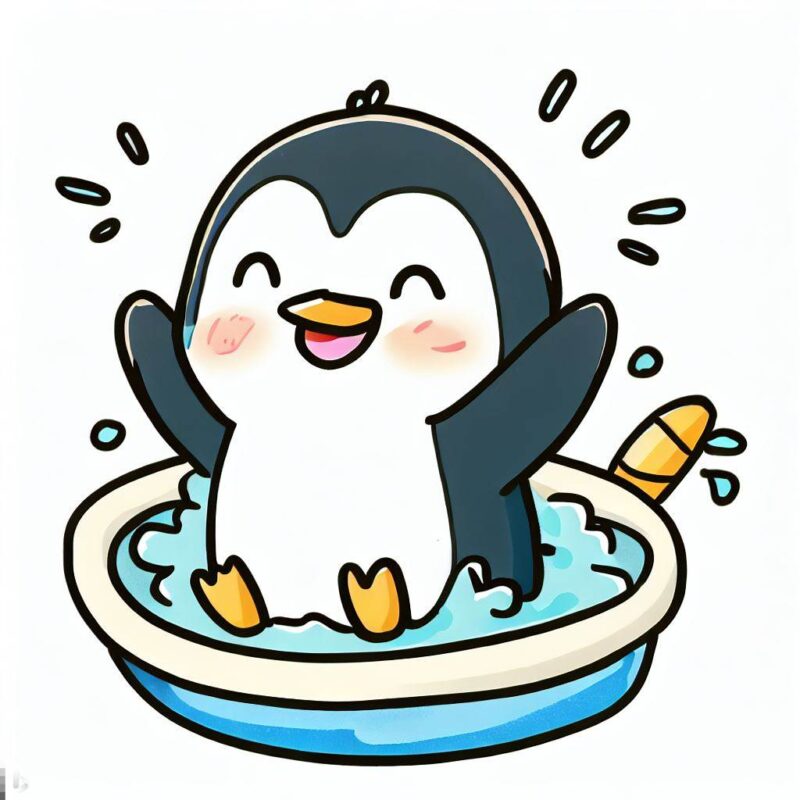 かわいいペンギン。プールで遊んでいる。うれしい。マーカーペンスタイル