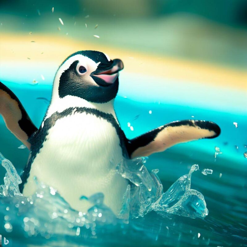 かわいいペンギン。プールで遊んでいる。たのしい。プロ写真