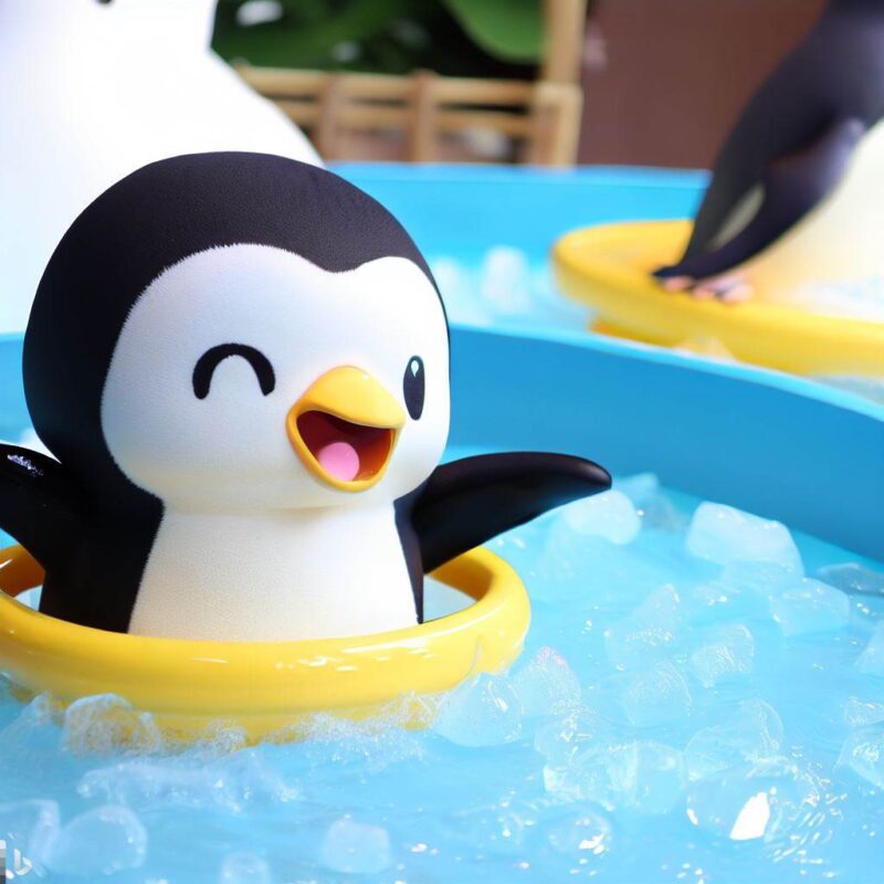 かわいいペンギン。プールで遊んでいる。たのしい。1