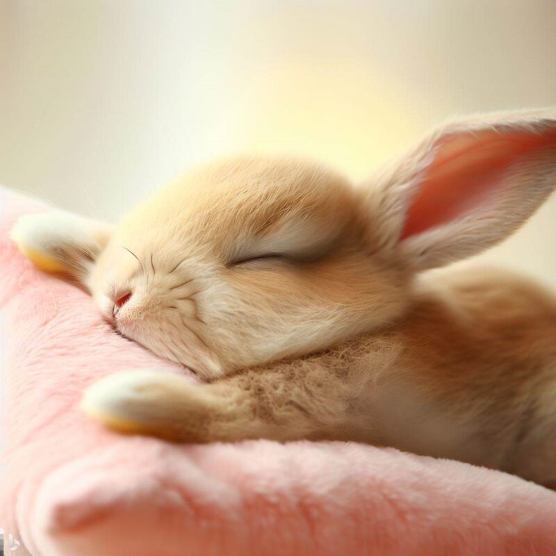 眠る赤ちゃんウサギ。柔らかいクッションの上。プロ写真。最高品質。