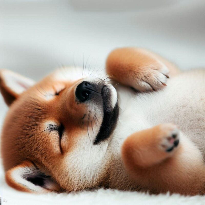 眠る赤ちゃん柴犬。お腹を見せている。柔らかいクッションの上。プロ写真。最高品質。