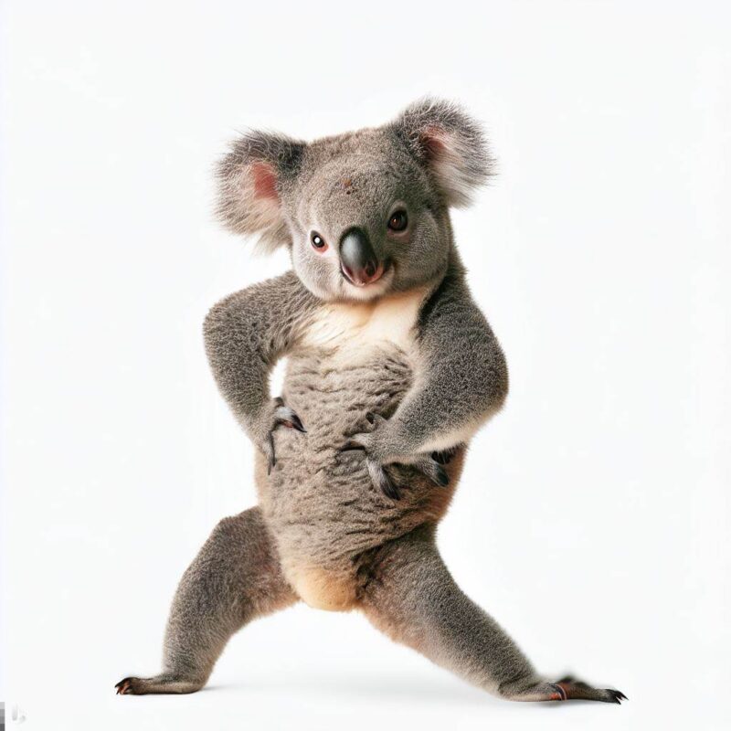 手を頭に乗せ、腰を前に突き出し二足歩行でポーズをとる子コアラ。