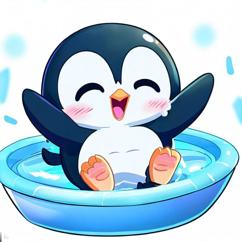 かわいいペンギン。プールで遊んでいる。うれしい。アニメ