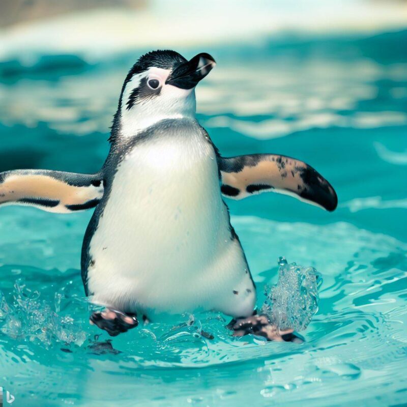 かわいいペンギン。プールで遊んでいる。元気。