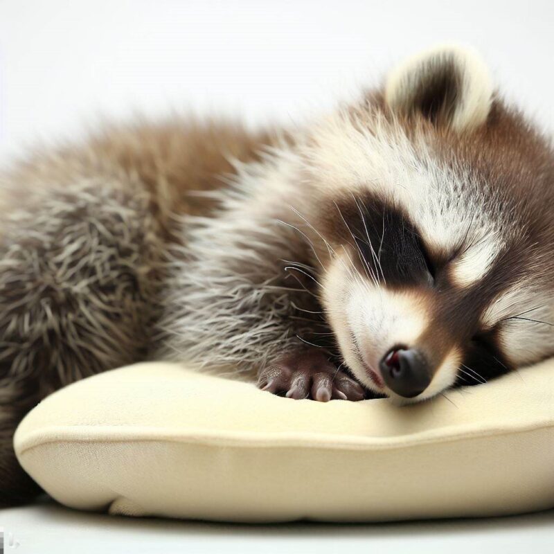 眠る赤ちゃんアライグマ。柔らかいクッションの上。プロ写真。最高品質。
