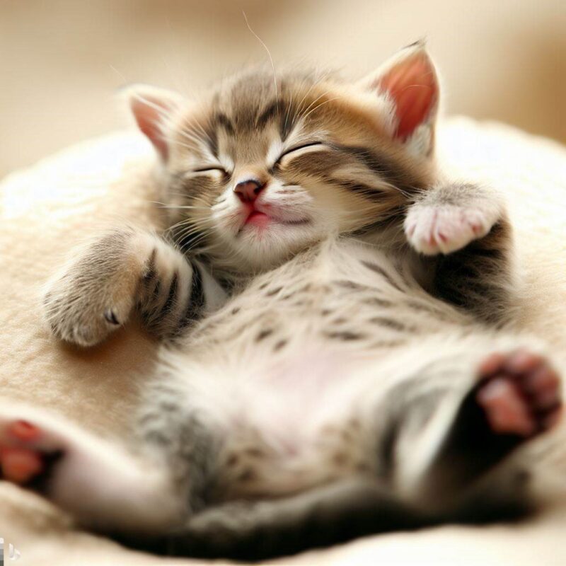 眠る赤ちゃん猫。柔らかいクッションの上。お腹を見せている。プロ写真。最高品質。