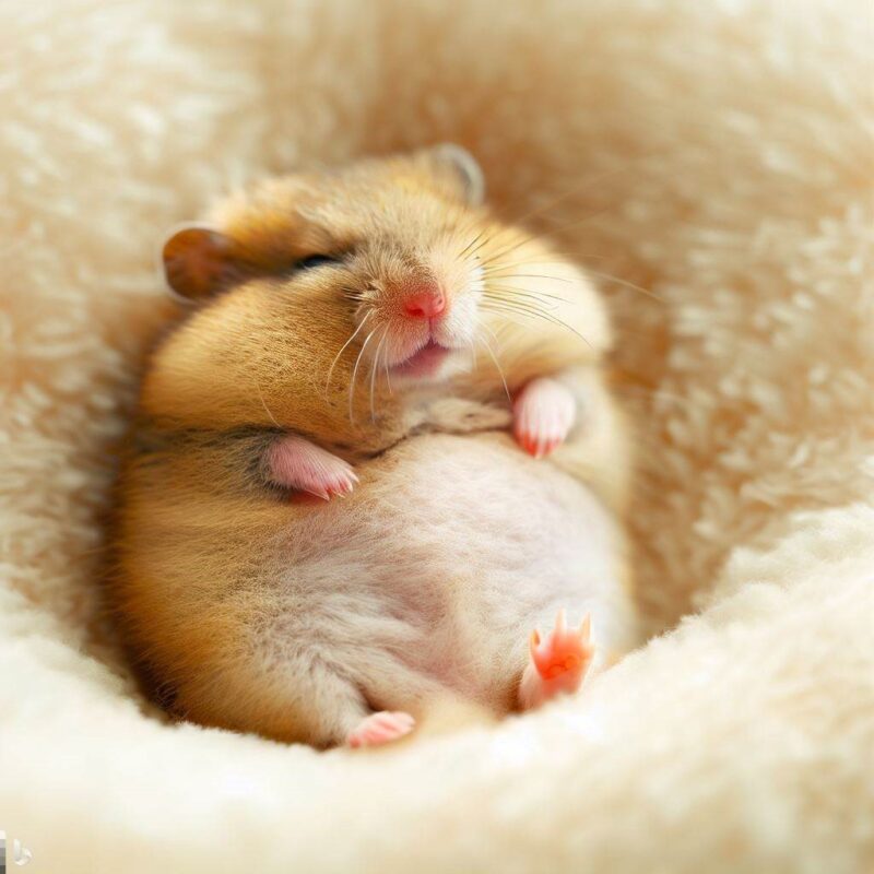 眠る赤ちゃんハムスター。お腹を見せている。柔らかいクッションの上。プロ写真。最高品質。