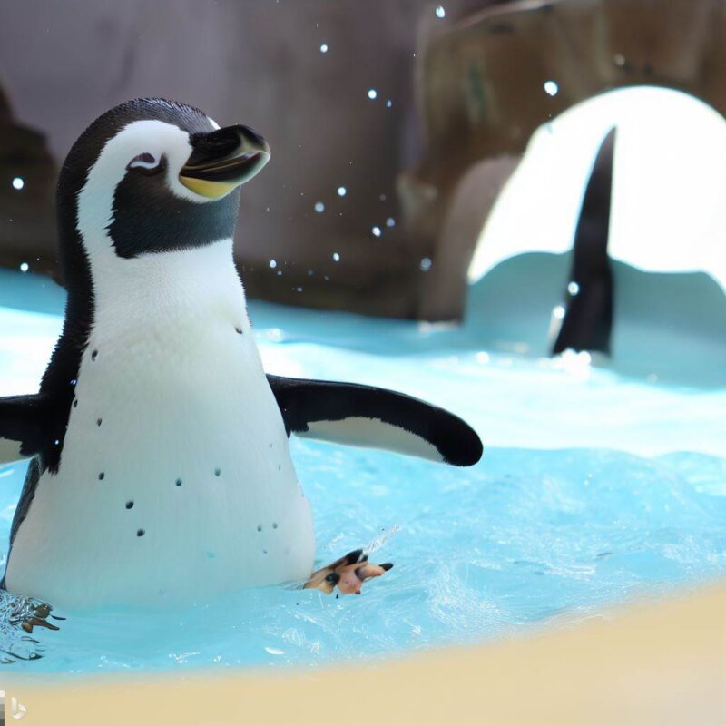 かわいいペンギン。プールで遊んでいる。しあわせ。