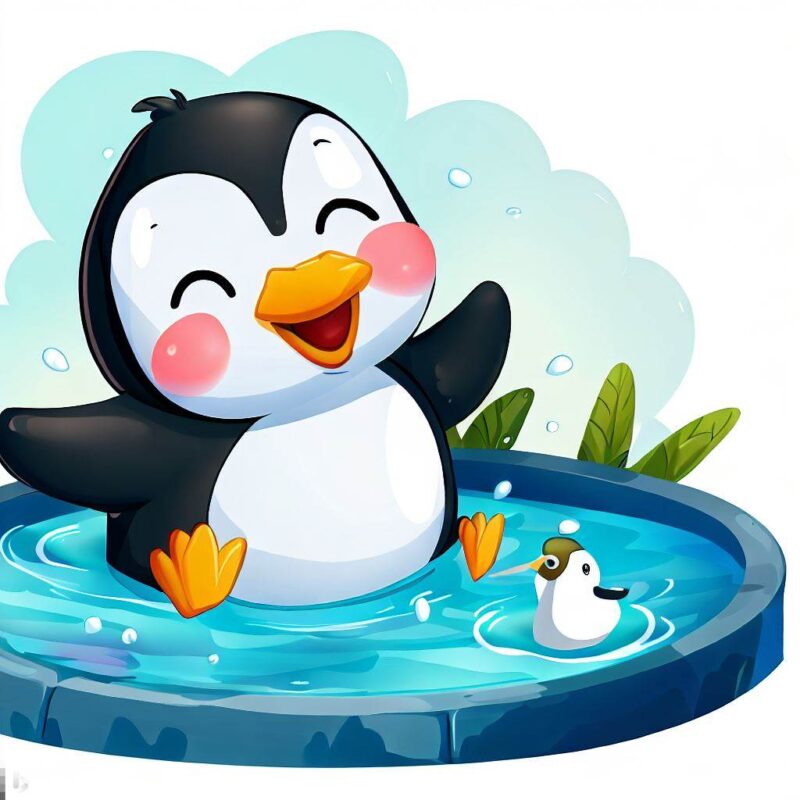 かわいいペンギン。プールで遊んでいる。うれしい。イラスト