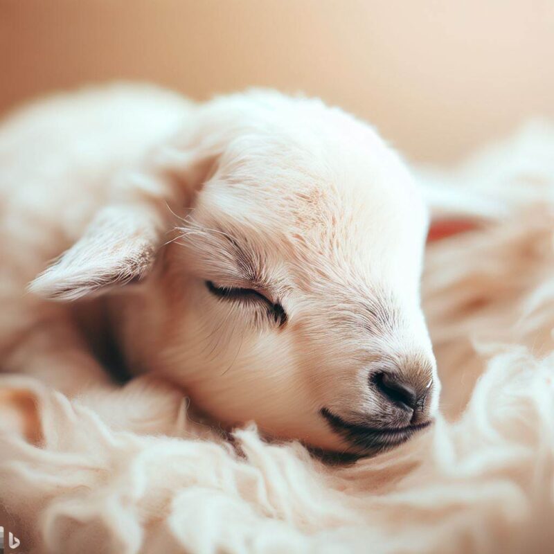 A baby sheep is sleeping. On a soft cushion. Professional photo. Top quality.