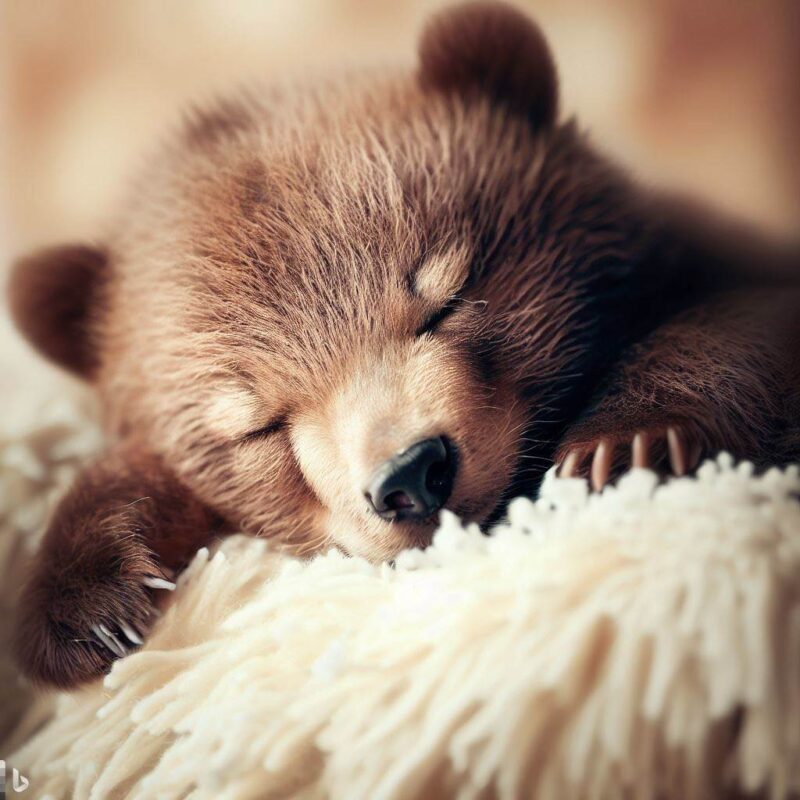 Baby bear sleeping. On a soft cushion. Professional photo. Top quality.