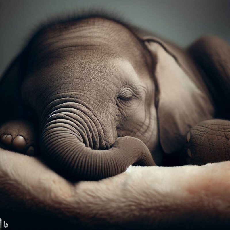 Baby elephant sleeping. On a soft cushion. Professional photo. Top quality.
