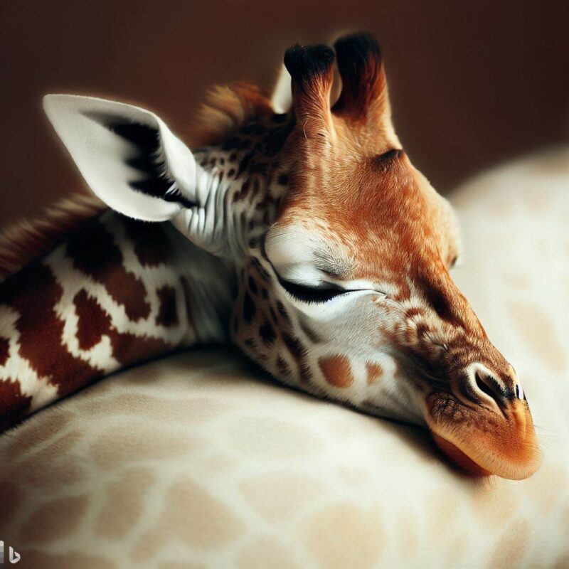 Baby giraffe sleeping. On a soft cushion. Professional photo. Top quality.