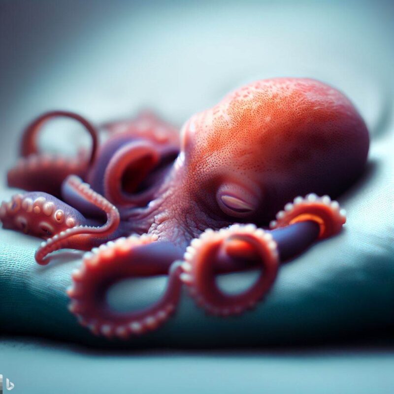 Baby octopus sleeping. On a soft cushion. Professional photo. Top quality.