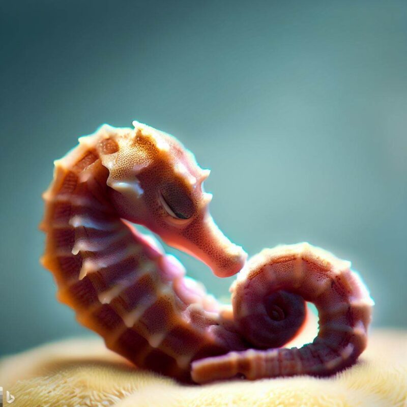 Baby seahorse sleeping. On a soft cushion. Professional photo. Top quality.