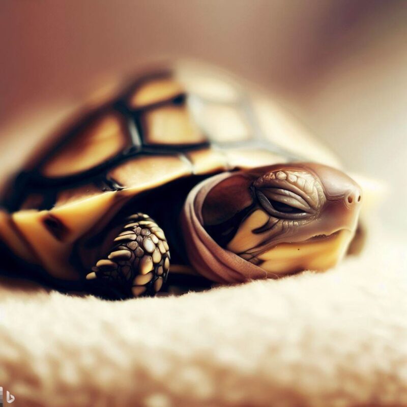 Baby turtle sleeping. On a soft cushion. Professional photo. Top quality.
