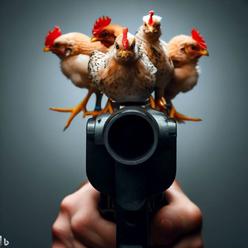 Jojo standing chicken. Six chickens pop out of the muzzle of a pistol. Professional photos, top quality.