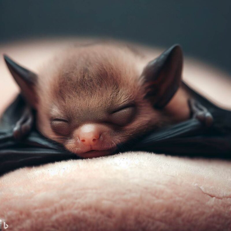 Sleeping baby bat. On a soft cushion. Professional photo. Top quality.