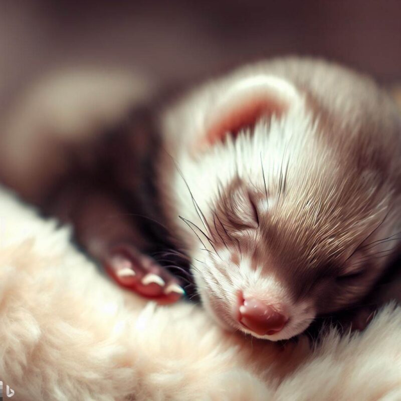 Sleeping baby ferret. On a soft cushion. Professional photo. Top quality.