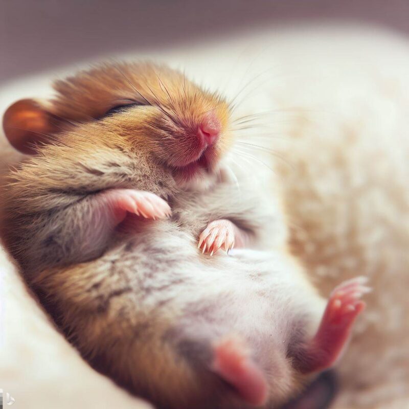 Sleeping baby hamster. Showing its belly. On a soft cushion. Professional photo. Top quality.