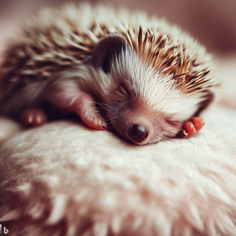 Sleeping baby hedgehog. On a soft cushion. Professional photo. Top quality.