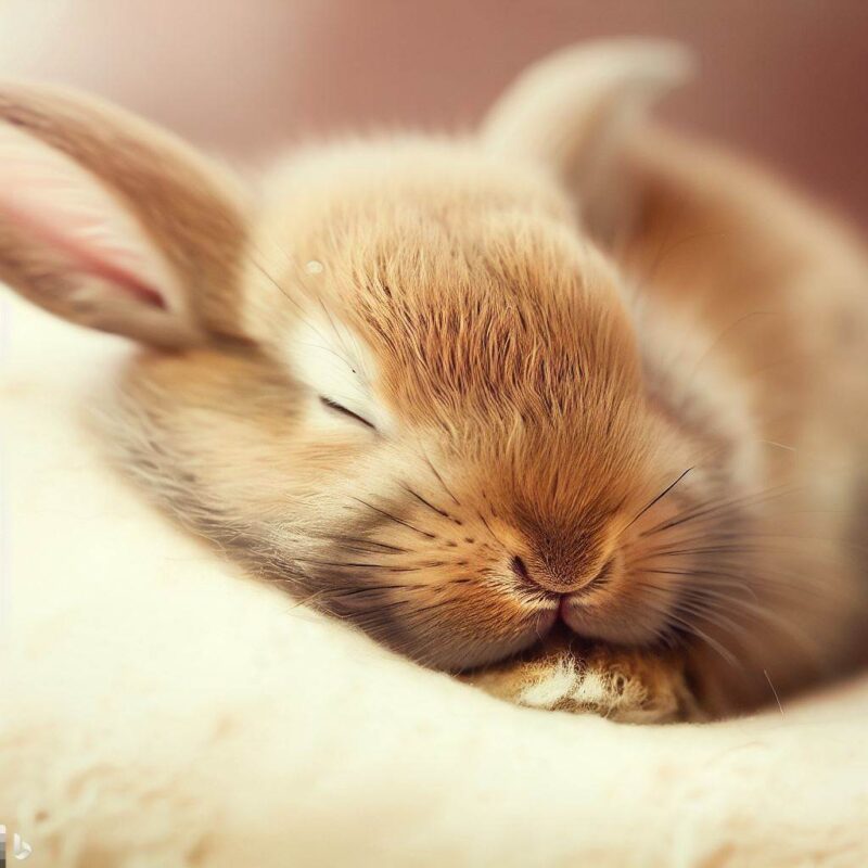 Sleeping baby rabbit. On a soft cushion. Professional photo. Top quality.