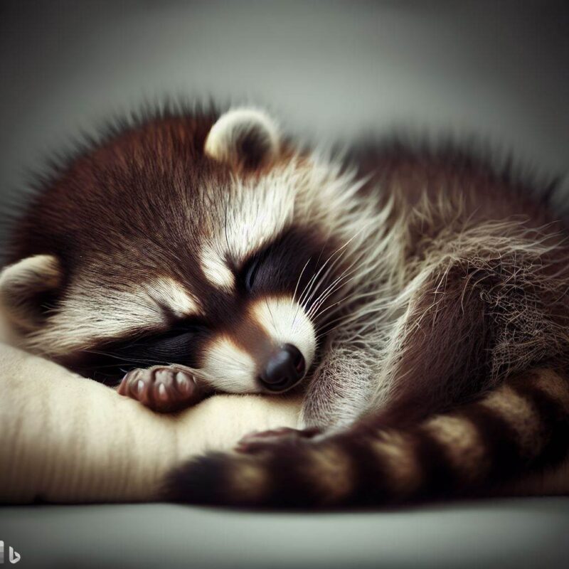 Sleeping baby raccoon. On a soft cushion. Professional photo. Top quality.