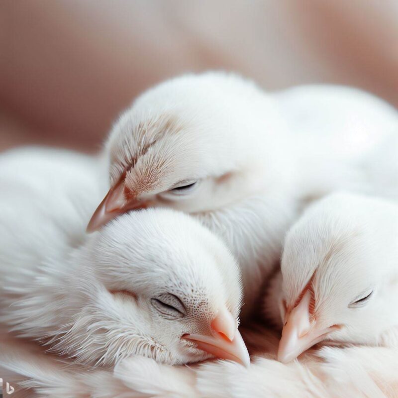 Sleeping white baby chickens. On a soft cushion. Professional photo. Top quality.