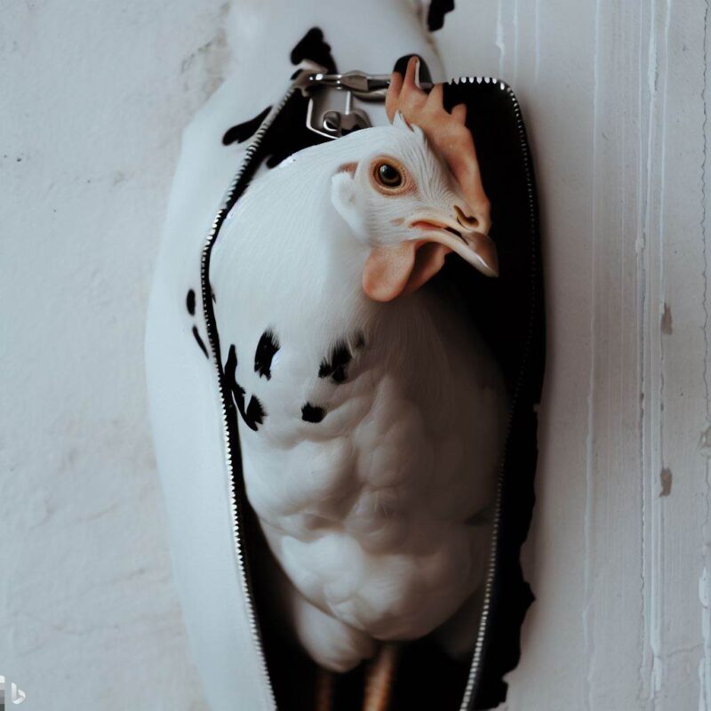 White chicken with cow print. There is an open zipper on the wall. There is a chicken inside the zipper. Model shooting style, top quality.