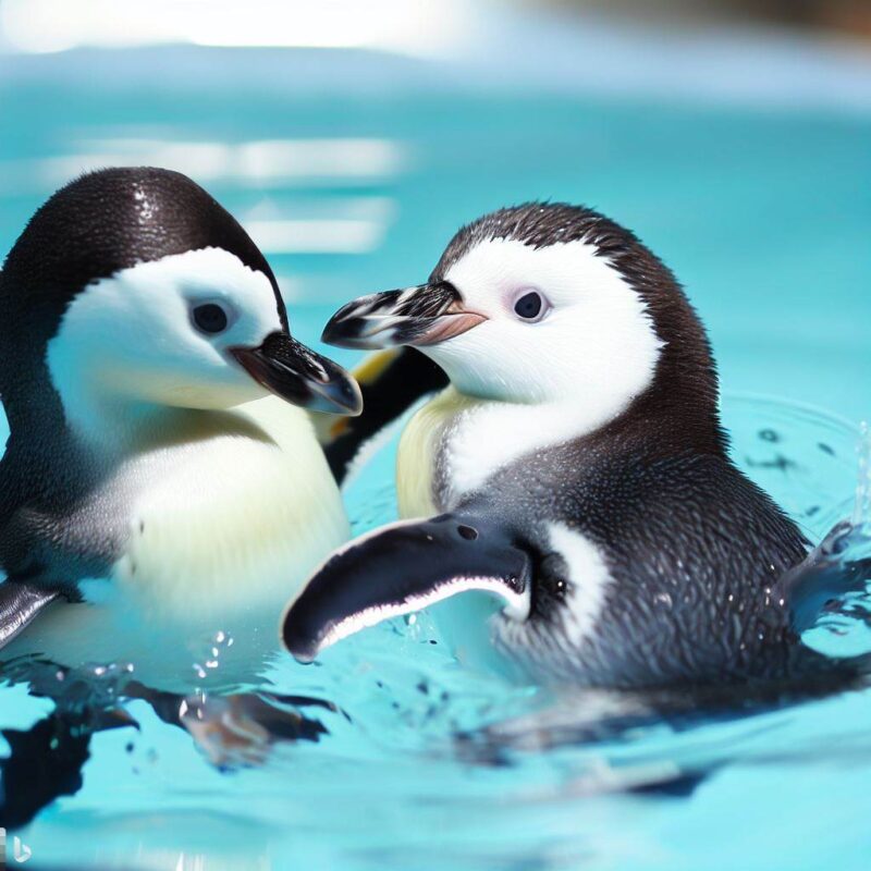 かわいいペンギン。プールで遊んでいる。