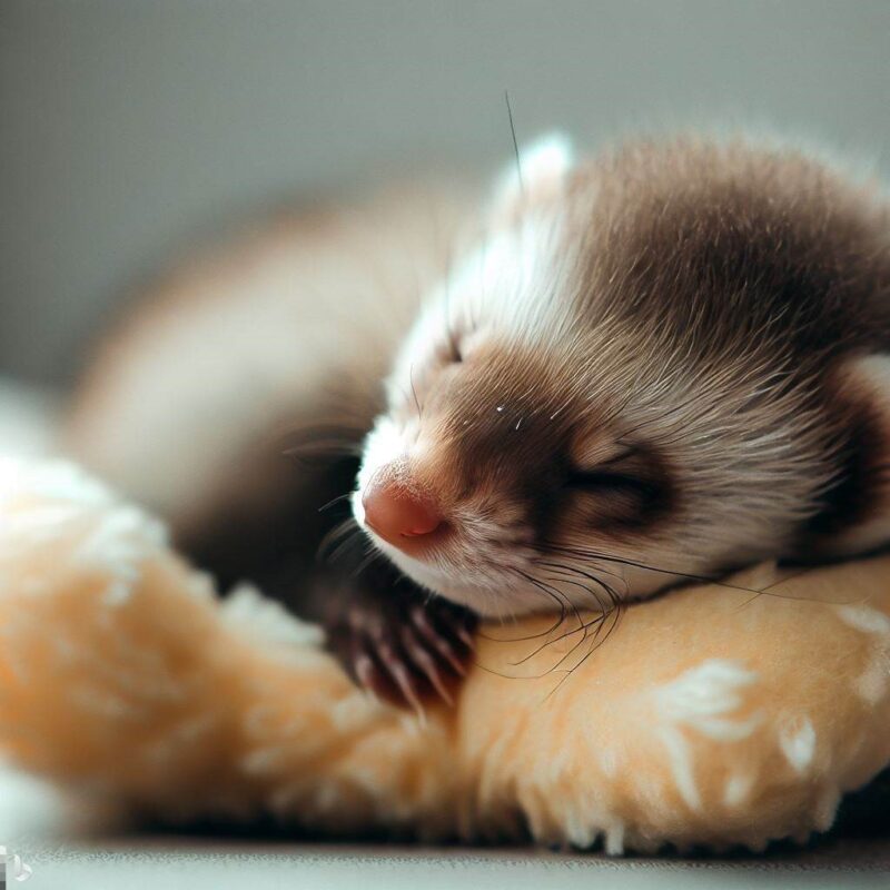 眠る赤ちゃんフェレット。柔らかいクッションの上。プロ写真。最高品質。