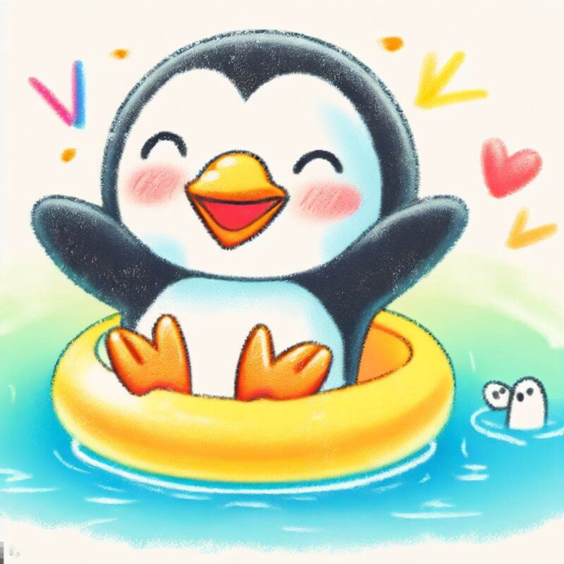 かわいいペンギン。プールで遊んでいる。うれしい。クレヨンスタイル
