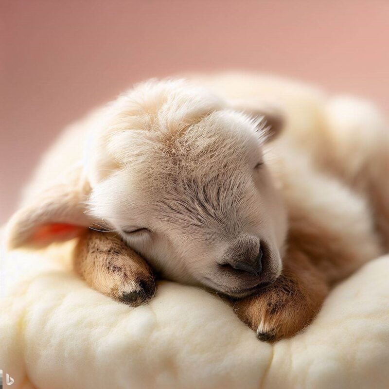 赤ちゃん羊が眠っている。柔らかいクッションの上。プロ写真。最高品質。