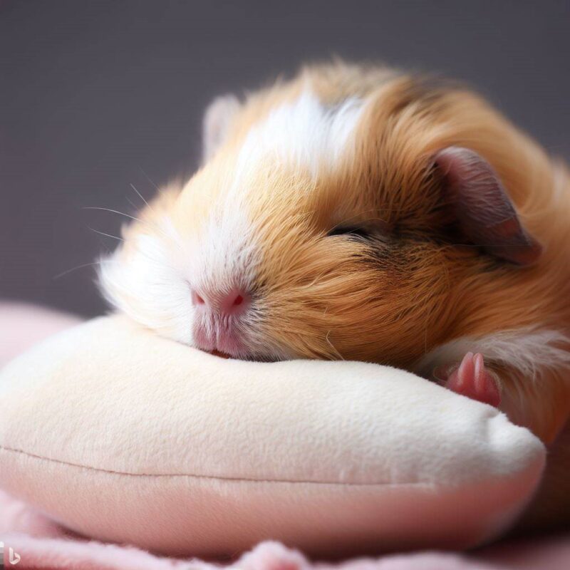 眠る赤ちゃんモルモット。柔らかいクッションの上。プロ写真。最高品質。
