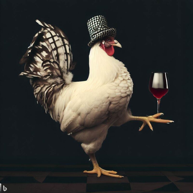 赤ワインとグラスを持ち、腰を前に突き出し二足歩行でポーズをとる1羽のニワトリ。斜めのブロックチェック柄ののシルクハット。威風堂々。